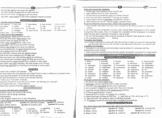 ow long ago did the train leave the station? ,,
the past, people thouqht that the earth was flat
/hen he lert school, he qpplied to join the army.
-ast night i was readinq in bed when suddenly I heard a scream
,ose the correct answer:
ave wanted 2- have met 3- have taken
ave taken 7- tasted B- yet
since 12- haven't seen 13- has had
for 17- alrealy 18- hasn't found
laven't seen 22- is no longer
I and correct the mistakes:
have finished. What should I do now?
his is the third time I have driven a car.
haven't seen her since she was 16.
hings have chanqed since I was a boy-
hay9l19d to phone you since tlris morning
lobody has written to me since my birthday
;ince he graduated, he hasn't found find a job.
have known Sami for many years.
Ve have been friends since we started college.
She is the most intelligent girl I've ever met.
She has been very hard working since her childhood.
l've worked with computers since the first day at school
Twenty persons have escaped from a prison in Cairo lately.
My mother has been shopping She has bought a lot of things.
Egypt has exported a lot of products to Europe in recent years
I like to be a doctor / an engineer ... .etc.
he main reason for choosing this job is that l'd like to make a difference to people's lives
enjoy learning English as it's the first world language.
he best thing about my school is the friendly teachers
I were you, l'd do sport / exercise
sing the internet too much wlll roi your brain / will damage your eyesight.
Jon't agree with you. / I don't think so.
4- has worked
9- was
14- left
19- has stolen
;
)
t
I
I
i
I
1
I
I
,
5- have you done
10- has used
1 5- has
20- hasn't written
/hat's your opinion of the last_ni
pond to the followinq situations:
ecause it gives out money to the needy. '
3cause I like to design buildings.
ongratulation.
lrefer English subject as it is very interesting.
Find and correct the mistakes:
1 People with heart problems need special care
2 I ate Japanese food for lunch yesterday
3 Ali was doing his homework when his mother entered
4 How long has Salem lived here ? Only for six months
5 Yacoub was head of a transplant programme in Britain
6 What differences has Dr Yacoub made to people's lives?
I1 They transfer informatlon from their ovrn computer to the office computer by elecironic
means.
2. As it reduces the companies' running costs Flaving hwer employees at work means
having less office space. AIso, it is cheaper for a company to train employees in computer
skills and give them a personal computer to use at home.
3 No, as I will fall asleep at the computer because he doesn't have anybody to talk to
4 'for a company at home 5 bored
Translate into Arabic:
sJ4,t5l iJ+! FJ.(..,latld JSLL Cli rlf,lrr;p.r.tlt1,,,t:tld; s l.,lc zlrl_p .jJlfa 'lJ+l Oi Opttdl,Jsijr fJ s;Utrg
.,=4erJS-1 6.1iUl ,:,lallcrtrlpd,igl-ill g;J,+cll3vJl t l.F+-J$4JsJl dl all+ :,lillol ,.,,,. ,, .,t-"t1"1,;1.3^".1'
Translate into Enqlish:
1 Education in our schools and universities must be linked to i connected with the
requirements of job market.
2. Heart transplant operations have become greatly successful / successful to a large extent
lace: vet clinic
lace: railway station speaker A:
ose the correct answe!':
niform 2- didn't visit
)uring 7- reason
conditioning 12- do
am watching
speaker A:
3- qualified 4- designing
8- was oettino g- visit
13- has-worfld 14- requires
il^Ii. r _-* i:-
booking_clerk
nary surgeon
Choose the correct answer:
1- fiction 2- success
6- beat 7- favourite
1 1- message 12- imaginative
'16- employ 17- Diplomats
21- ridicule 22- voyage
26- stolen 27- realized
31- represenl 32- politics
36- rewarded 37- imagination
41-clean 42- modest
Find and correct the mistakes:
speaker B: cuStomer
speaker B; traveller
5- went
'10- bought
'1
5- delegation
1. He doesn't like eating boiled eggs.
2 Diplomats represent governments in other countries
3. The FIFA logo represents the five world continents.
4 lt's not polite to Sete fun of pecple when they are in trouble.
5 EqvDt has strong relations with neiqhbourinq colinti'ies.
6 l'd love to read Gulliver's Travels..
7 Swiftwas born in Dublin, the larqest city in lreland.
8 lreland belonged to Britain at that time. 9. Swift died in 1745, at the age of 78
'10. The'next book I am going to read is A Modest Proposal.
11. To publish a book'is,to print and make it available at bookshops
2- place: Hot'el speaker A: lodger speaker B: worker/porter
3- Place: Library speaker A: Reader speaker B: librarian
4- place: funfair speaker A; customer speaker B: booking clerk
3- travels
8- giant
1 3- successful
1 8- archaeologist
23- fun
28- steal
33- check
38- fight
43- captured
4- none
9- ridiculous
14- commentary
19- iceberg
24- neighbouring
29- politican
34- came out
39- argue
44- realise
5- shipwrecked
10- argument
15- explanation
20- neighbourly
25- tie
30- published
35- cruel
40- adventure
45- sent
 