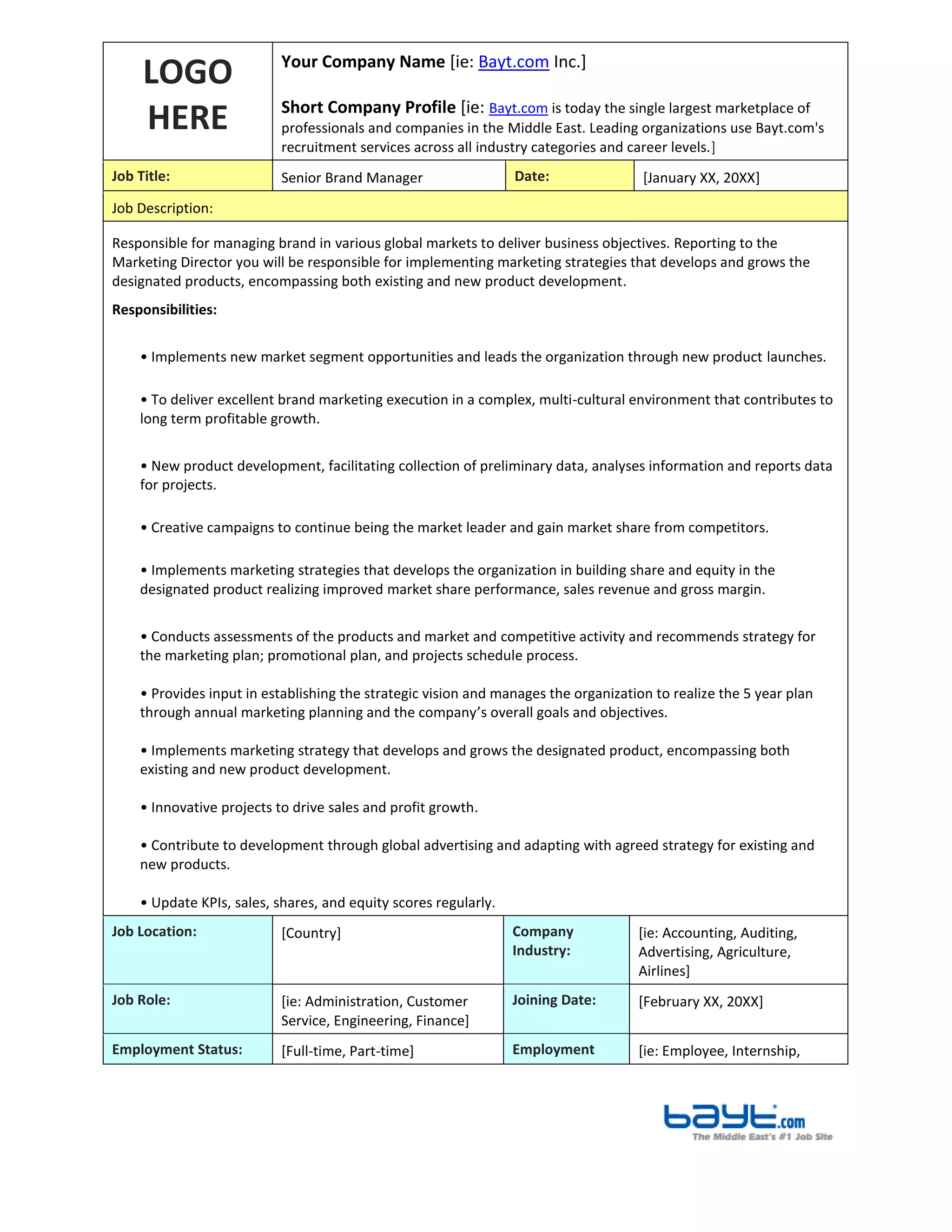 Senior Brand Manager Job Description by