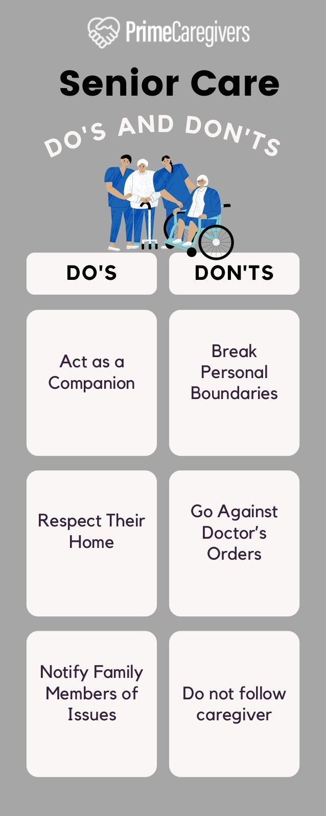 Notify Family

Members of

Issues


Act as a

Companion


Break

Personal

Boundaries


Respect Their

Home


Go Against

Doctor’s

Orders


Do not follow

caregiver
DO'S DON'TS
DO'S AND DON'TS
Senior Care
 