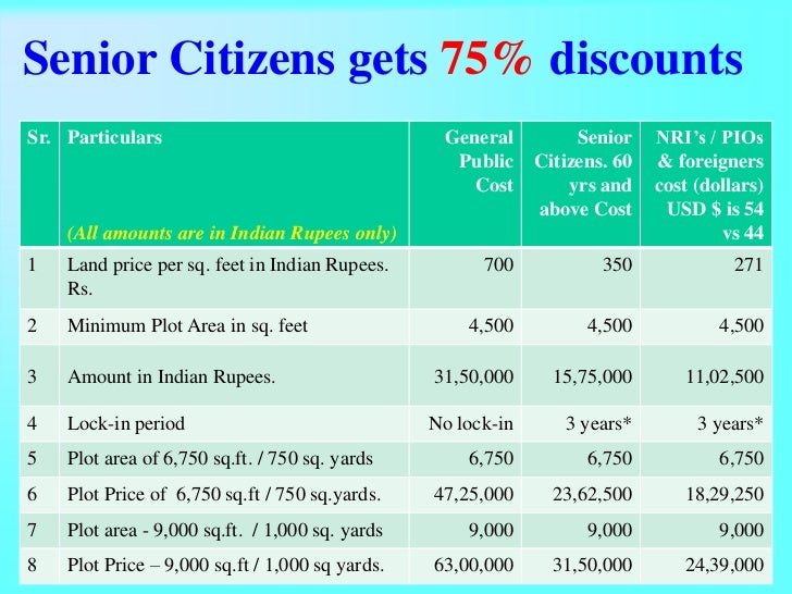 Senior citizens get 50 to 75 percent discounts on property investme…