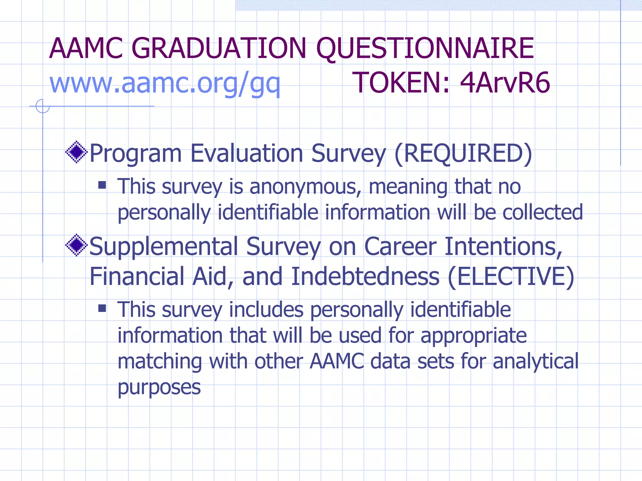AAMC GRADUATION QUESTIONNAIRE www.aamc.org/gq   TOKEN: 4ArvR6 Program Evaluation Survey (REQUIRED) This survey is anonymous, meaning that no personally identifiable information will be collected Supplemental Survey on Career Intentions, Financial Aid, and Indebtedness (ELECTIVE) This survey includes personally identifiable information that will be used for appropriate matching with other AAMC data sets for analytical purposes 