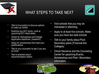 WHAT STEPS TO TAKE NEXT 
• Visit schools that you may be 
interested in attending 
• Apply to at least five schools. Make 
sure you have two safe schools 
• Talk to your family about Post- 
Secondary plans (Financial Aid, 
Colleges) 
• Check Naviance and the Counseling 
Center for upcoming Events, 
Scholarships and Post –Secondary 
information 
• Talk to Counselors to discuss options 
to make up credits. 
• Examine you ACT score, Look at 
upcoming ACT retest dates. 
• Check for Scholarship and College 
Application deadlines. (research) 
• Apply for scholarships that meet your 
qualifications 
• Talk to your counselor to see if you are 
on track 
• Talk to teachers about 
recommendation letters 
 