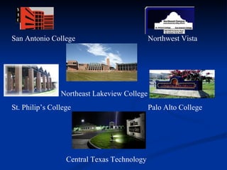 San Antonio College Northwest Vista Northeast Lakeview College St. Philip’s College Palo Alto College Central Texas Technology                  
