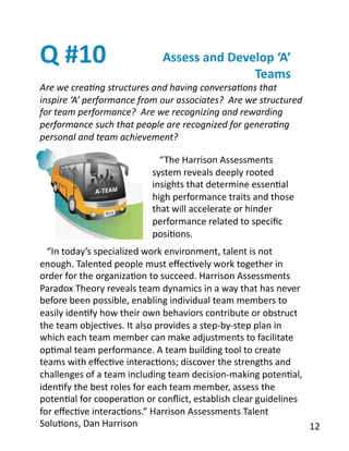 Q	
  #10	
  
Are	
  we	
  crea2ng	
  structures	
  and	
  having	
  conversa2ons	
  that	
  
inspire	
  ‘A’	
  performance	
  from	
  our	
  associates?	
  	
  Are	
  we	
  structured	
  
for	
  team	
  performance?	
  	
  Are	
  we	
  recognizing	
  and	
  rewarding	
  
performance	
  such	
  that	
  people	
  are	
  recognized	
  for	
  genera2ng	
  
personal	
  and	
  team	
  achievement?	
  
Assess	
  and	
  Develop	
  ‘A’	
  
Teams	
  
	
  	
  	
  “The	
  Harrison	
  Assessments	
  
system	
  reveals	
  deeply	
  rooted	
  
insights	
  that	
  determine	
  essenBal	
  
high	
  performance	
  traits	
  and	
  those	
  
that	
  will	
  accelerate	
  or	
  hinder	
  
performance	
  related	
  to	
  speciﬁc	
  
posiBons.	
  
	
  	
  	
  “In	
  today’s	
  specialized	
  work	
  environment,	
  talent	
  is	
  not	
  
enough.	
  Talented	
  people	
  must	
  eﬀecBvely	
  work	
  together	
  in	
  
order	
  for	
  the	
  organizaBon	
  to	
  succeed.	
  Harrison	
  Assessments	
  
Paradox	
  Theory	
  reveals	
  team	
  dynamics	
  in	
  a	
  way	
  that	
  has	
  never	
  
before	
  been	
  possible,	
  enabling	
  individual	
  team	
  members	
  to	
  
easily	
  idenBfy	
  how	
  their	
  own	
  behaviors	
  contribute	
  or	
  obstruct	
  
the	
  team	
  objecBves.	
  It	
  also	
  provides	
  a	
  step-­‐by-­‐step	
  plan	
  in	
  
which	
  each	
  team	
  member	
  can	
  make	
  adjustments	
  to	
  facilitate	
  
opBmal	
  team	
  performance.	
  A	
  team	
  building	
  tool	
  to	
  create	
  
teams	
  with	
  eﬀecBve	
  interacBons;	
  discover	
  the	
  strengths	
  and	
  
challenges	
  of	
  a	
  team	
  including	
  team	
  decision-­‐making	
  potenBal,	
  
idenBfy	
  the	
  best	
  roles	
  for	
  each	
  team	
  member,	
  assess	
  the	
  
potenBal	
  for	
  cooperaBon	
  or	
  conﬂict,	
  establish	
  clear	
  guidelines	
  
for	
  eﬀecBve	
  interacBons.”	
  Harrison	
  Assessments	
  Talent	
  
SoluBons,	
  Dan	
  Harrison	
   12	
  
 