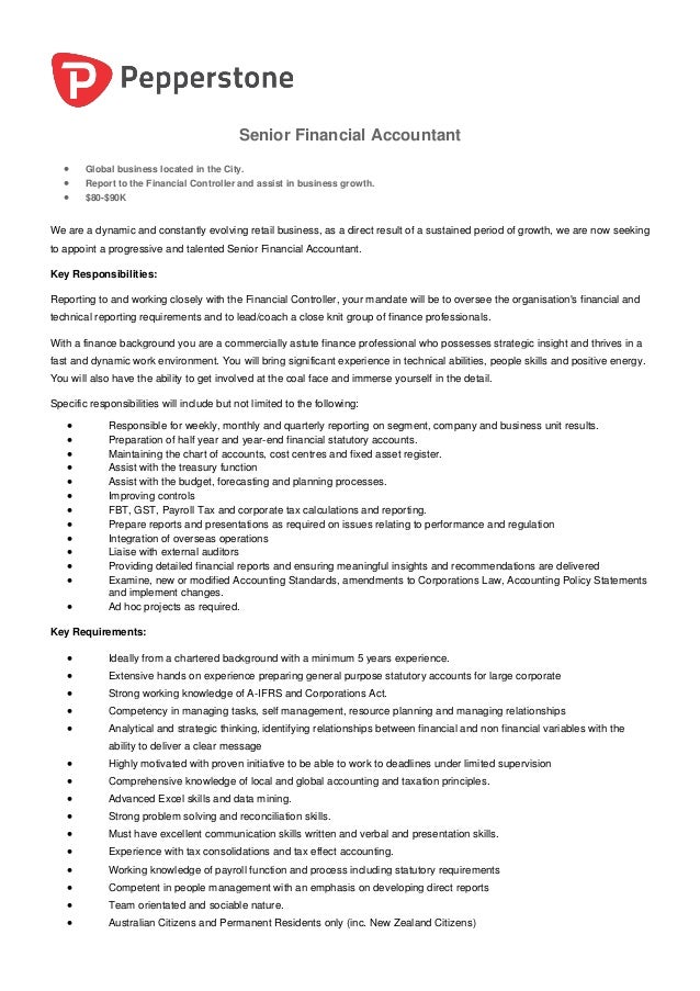 senior financial accountant role available at pepperstone chief accountant duties