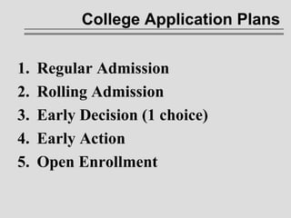 College Application Plans Regular Admission Rolling Admission Early Decision (1 choice) Early Action Open Enrollment 