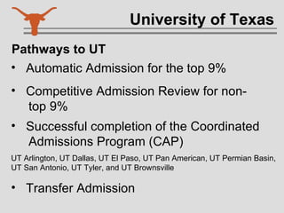 University of Texas Automatic Admission for the top 9%  Competitive Admission Review for non-   top 9% Successful completion of the Coordinated    Admissions Program (CAP) UT Arlington, UT Dallas, UT El Paso, UT Pan American, UT Permian Basin, UT San Antonio, UT Tyler, and UT Brownsville Transfer Admission  Pathways to UT 