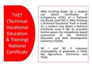 TVET
(Technical
Vocational
Education
& Training)
National
Certificate

After finishing Grade 10, a student
can
obtain
Certificates
of
Competency (COC) or a National
Certificate Level (NC I). After finishing
a Technical Vocational Track in Grade
12, a student may obtain a National
Certificate Level II (NC II), provided
he/she passes the competency based
assessment
of
the
Technical
Education and Skills Development
Authority (TESDA).
NC I and NC II improves
employability of graduates in fields
like Agriculture, Electronics and
Trade.

 
