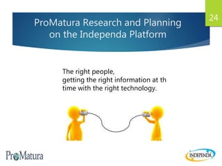 ProMatura Research and Planning
on the Independa Platform
24
The right people,
getting the right information at the right
time with the right technology.
 