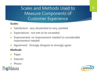 Scales and Methods Used to
Measure Components of
Customer Experience
Scales
 Satisfaction: very dissatisfied to very satisfied
 Expectations: not met to far exceeded
 Improvement: no improvement needed to considerable
improvement needed
 Agreement: Strongly disagree to strongly agree
Methods
 Paper
 Internet
 Phone
6
 