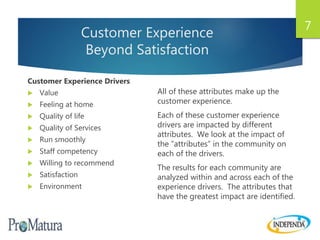 Customer Experience
Beyond Satisfaction
Customer Experience Drivers
 Value
 Feeling at home
 Quality of life
 Quality of Services
 Run smoothly
 Staff competency
 Willing to recommend
 Satisfaction
 Environment
7
All of these attributes make up the
customer experience.
Each of these customer experience
drivers are impacted by different
attributes. We look at the impact of
the “attributes” in the community on
each of the drivers.
The results for each community are
analyzed within and across each of the
experience drivers. The attributes that
have the greatest impact are identified.
 