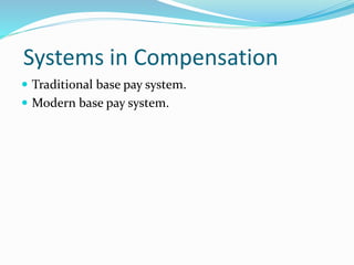 Systems in Compensation
 Traditional base pay system.
 Modern base pay system.
 