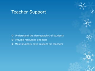 Teacher Support




 Understand the demographic of students
 Provide resources and help
 Most students have respect for teachers
 