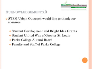 ACKNOWLEDGEMENTS.0
¢  STEM
       Urban Outreach would like to thank our
 sponsors:

  v  Student Development and Bright Idea Grants
  v  Student United Way of Greater St. Louis
  v  Parks College Alumni Board
  v  Faculty and Staff of Parks College
 
