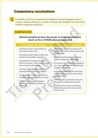 The VM Literacy Handbook
130
Compulsory vaccinations
It would be cool if it was compulsory for workplaces to provide employees with ice
creams or miniature donkeys as co-workers. Instead, some workplaces have rules about
stuff like compulsory vaccinations.
Example text to read
Should workplaces have the power to make vaccinations
(such as flu or COVID jabs) compulsory?
For compulsory vaccinations Against compulsory vaccinations
• Workplaces have a responsibility to
keep their workers safe.
• Vaccinations have helped to get rid of
diseases like smallpox and polio.
• Individuals don’t always do what is
best for everyone–they usually just do
what is best for themselves.
• Less than 1% of the population has
ongoing effects from a vaccination.
• All vaccinations used in Australia are
tested for safety before they are used.
• If everyone is vaccinated against
a disease, the whole population is
protected.
• Workplaces shouldn’t be able to tell
their workers what medical advice they
should follow.
• People should be allowed to choose
how to manage their own health.
• It’s hard to know how safe vaccinations
are–they might work for some people,
but not for everyone.
• Having a healthy lifestyle is the most
important thing you can do to protect
against disease.
• Even if you are vaccinated, it may not
stop you from getting the disease.
• The side effects from a vaccination
might make you sick or have to take
time off work.
T
i
c
k
i
n
g
M
i
n
d
P
r
e
v
i
e
w
 