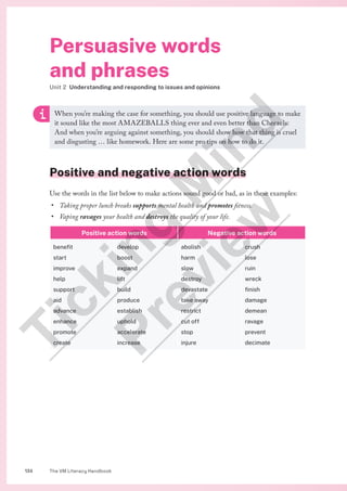 The VM Literacy Handbook
134
Persuasive words
and phrases
Unit 2 Understanding and responding to issues and opinions
When you’re making the case for something, you should use positive language to make
it sound like the most AMAZEBALLS thing ever and even better than Cheezels.
And when you’re arguing against something, you should show how that thing is cruel
and disgusting … like homework. Here are some pro tips on how to do it.
Positive and negative action words
Use the words in the list below to make actions sound good or bad, as in these examples:
• Taking proper lunch breaks supports mental health and promotes fitness.
• Vaping ravages your health and destroys the quality of your life.
Positive action words Negative action words
benefit
start
improve
help
support
aid
advance
enhance
promote
create
develop
boost
expand
lift
build
produce
establish
uphold
accelerate
increase
abolish
harm
slow
destroy
devastate
take away
restrict
cut off
stop
injure
crush
lose
ruin
wreck
finish
damage
demean
ravage
prevent
decimate
T
i
c
k
i
n
g
M
i
n
d
P
r
e
v
i
e
w
 