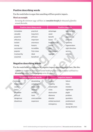 135
Unit 2 Understanding and responding to issues and opinions | Persuasive words and phrases
9
Positive describing words
Use the words below to argue that something will have positive impacts.
Here’s an example:
Increasing the minimum wage will have an immediate benefit for thousands of families
around Australia.
Positive describing words Positive impacts
immediate
valuable
powerful
effective
instant
strong
successful
popular
trustworthy
essential
practical
long-term
efficient
important
enormous
historic
incredible
first-class
ideal
beneficial
advantage
asset
benefit
boost
breakthrough
future
gain
improvement
upgrade
leap forward
miracle
opportunity
progress
recovery
regeneration
right direction
service
solution
Negative describing words
Use the words below to emphasise the negative impacts something might have, like this:
A failure to implement meaningful mental health programs in the workplace will lead to a
devastating mental health emergency across the country.
Negative describing words Negative impacts
colossal
irreparable
costly
heavy
avoidable
difficult
dangerous
disastrous
devastating
catastrophic
large scale
serious
severe
total
unacceptable
expensive
burden
calamity
catastrophe
crisis
destruction
dilemma
disaster
embarrassment
emergency
failure
mess
mistake
nightmare
plight
problem
quandary
predicament
shambles
wrong direction
T
i
c
k
i
n
g
M
i
n
d
P
r
e
v
i
e
w
 