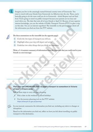 Unit 1 Understanding and using different types of texts | Information texts 27
Imagine you live in the amazingly named fictional country town of Greensvale. You
want to travel with your friends from Greensvale via Alberton into the city. There, you’re
basically going to do the same stuff you do in Greensvale – drink Slurpees and eat fried
food. You’re going to travel via public transport because your parents are too lazy and
won’t drive you. The date that suits all of your friends is April 12. Because of your superior
internet knowledge, you use the website of Public Transport Victoria (PTV) to plan a trip
on this date. You are an internet superhero! The timetable on the previous page shows all
the information you find out from the PTV website.
Do these annotations on the timetable (on the opposite page):
1 Circle the two types of transport you will use.
2 Highlight when your trip will depart and arrive.
3 Underline two other things that you think are important.
Plan your own DREAM HOLIDAY via public transport to somewhere in Victoria
at least 1–2 hours away.
Follow these steps to carry out your planning:
1 Pick a date on the weekend or school holidays.
2 Use the journey planning tool on the PTV website:
https://www.ptv.vic.gov.au/journey/
In your journal, summarise the information you find out, including any alerts to changes or
disruptions.
Based on the information you find out, reflect on how you feel about travelling via public
transport to this destination.
Write a 3–4 sentence summary of information from the timetable that you could send to your
friends as a text message:






T
i
c
k
i
n
g
M
i
n
d
P
r
e
v
i
e
w
 