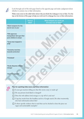 Unit 1 Understanding and using different types of texts | Information texts 35
Look through each of the web pages listed on the opposite page and make a judgement about
whether it contains true or fake information.
Make some notes in the table below about why you think the webpage is true or fake. Use the
tips at the bottom of the page to help you work out if a webpage has true or false information.
Tips for spotting fake news and false information
¨ Is your gut reaction telling you that this seems crazy or made up?
¨ Do any pictures look faked or changed?
¨ Does the web address look strange or a rip-off of a real one?
¨ Copy key words from the headline and do a Google search. Do other trustworthy
sites have information about this?
¨ Is there specific evidence that is used that can be checked or does the piece use
vague and uncheckable examples?
True or
fake?
What helped you work out
if it was true or false?
‘Silent weapons for the
secret war on you’
‘FDA approves
tranquilliser dart gun that
puts children to sleep’
‘Texas man trapped in
ATM’
‘Humanity marches
towards extinction’
‘Pickleball’
‘Study disputes climate
change’
‘Head transplants’
T
i
c
k
i
n
g
M
i
n
d
P
r
e
v
i
e
w
 