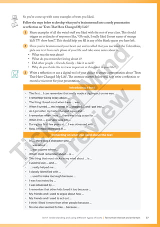 Unit 1 Understanding and using different types of texts | Texts that interest and entertain 37
So you’ve come up with some examples of texts you liked.
Follow the steps below to develop what you’ve brainstormed into a nerdy presentation
or reflection on ‘Texts That Have Changed My Life!’
1 Share examples of all the weird stuff you liked with the rest of your class.This should
trigger an avalanche of responses like, “Oh yeah, I really liked [insert name of strange
kid’s TV show here]”.This should help you fill in any of the blank spaces you have left.
2 Once you’ve brainstormed your heart out and recalled that you too loved the Teletubbies,
pick one text from each phase of your life and take some notes about it:
• What was the text about?
• What do you remember loving about it?
• Did other people – friends, family – like it as well?
• Why do you think this text was important at this point in your life?
3 Write a reflection or use a digital tool of your choice to create a presentation about ‘Texts
That Have Changed My Life’.The sentence starters below will help write a reflection or
record a voiceover for your presentation.
Introducing a text
• The first … I can remember that really made a big impact on me was …
• I remember being crazy about …
• The thing I loved most when I was … was …
• When I turned …, my interest in … stopped … and I got into …
• As I got older, my taste changed again and …
• I remember when I was …, there was a big craze for …
• When I hit …, everyone was into …
• During my first few years at …, I was obsessed with …
• Now, I’m most interested in …
Reflecting on what you liked about the text
• In …, there was a character who …
• … was about …
• … was a game where …
• What I most remember about … is …
• The thing that most sticks in my mind about … is …
• I used to love … and …
• … really helped me …
• I closely identified with …
• … used to make me laugh because …
• I was fascinated by …
• I was obsessed by …
• I remember that other kids loved it too because …
• My friends and I used to argue about how …
• My friends and I used to act out …
• I think I liked it more than other people because …
• No one else seemed to like … because …
T
i
c
k
i
n
g
M
i
n
d
P
r
e
v
i
e
w
 