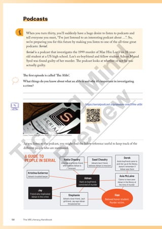 The VM Literacy Handbook
58
Podcasts
When you turn thirty, you’ll suddenly have a huge desire to listen to podcasts and
tell everyone you meet, “I’ve just listened to an interesting podcast about …”. So,
we’re preparing you for this future by making you listen to one of the all-time great
podcasts: Serial.
Serial is a podcast that investigates the 1999 murder of Mae Hin Lee – an 18-year-
old student at a US high school. Lee’s ex-boyfriend and fellow student Adnan Masud
Syed was found guilty of her murder. The podcast looks at whether or not he was
actually guilty.
The first episode is called ‘The Alibi’.
What things do you know about what an alibi is and why it’s important in investigating
a crime?


Casey Fiesler from Atlanta, CC BY 2.0, via Wikimedia Commons
https://serialpodcast.org/season-one/1/the-alibi
A GUIDE TO
PEOPLE IN SERIAL Rabia Chaudry
Attorney and family friend
who believes Adnan is
innocent
Saad Chaudry
Adnan’s best friend,
believes Adnan is innocent
Asia McLaine
Claims to have seen
Adnan in the library at
the time of murder
Derek
Asia’s boyfriend came to
pick her up at the library,
doesn’t remember if
Adnan was there
Stephanie
Adnan’s close friend, Jay’s
girlfriend, Jay says Adnan
threatened her
Kristina Gutierrez
Adnan’s troubled lawyer
Hae
Beloved honor student.
Murder victim.
Adnan
Hae’s ex boyfriend,
convicted of murder
Jay
Friend who implicated
Adnan in the crime
As you listen to the podcast, you might find the below reference useful to keep track of the
different people who are mentioned.
T
i
c
k
i
n
g
M
i
n
d
P
r
e
v
i
e
w
 