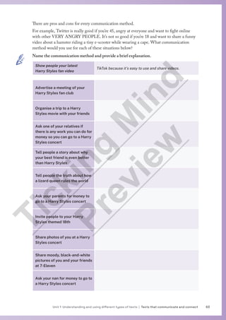 63
Unit 1 Understanding and using different types of texts | Texts that communicate and connect
There are pros and cons for every communication method.
For example, Twitter is really good if you’re 45, angry at everyone and want to fight online
with other VERY ANGRY PEOPLE. It’s not so good if you’re 18 and want to share a funny
video about a hamster riding a tiny e-scooter while wearing a cape. What communication
method would you use for each of these situations below?
Name the communication method and provide a brief explanation.
Show people your latest
Harry Styles fan video
TikTok because it’s easy to use and share videos.
Advertise a meeting of your
Harry Styles fan club
Organise a trip to a Harry
Styles movie with your friends
Ask one of your relatives if
there is any work you can do for
money so you can go to a Harry
Styles concert
Tell people a story about why
your best friend is even better
than Harry Styles
Tell people the truth about how
a lizard queen rules the world
Ask your parents for money to
go to a Harry Styles concert
Invite people to your Harry
Styles themed 18th
Share photos of you at a Harry
Styles concert
Share moody, black-and-white
pictures of you and your friends
at 7-Eleven
Ask your nan for money to go to
a Harry Styles concert
T
i
c
k
i
n
g
M
i
n
d
P
r
e
v
i
e
w
 