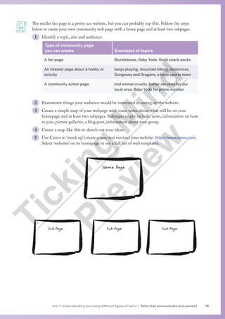 75
Unit 1 Understanding and using different types of texts | Texts that communicate and connect
The mullet fan page is a pretty ace website, but you can probably top this. Follow the steps
below to create your own community web page with a home page and at least two subpages.
1 Identify a topic, aim and audience:
Type of community page
you can create Examples of topics
A fan page Blundstones, Baby Yoda, Halal snack packs
An interest page about a hobby or
activity
banjo playing, mountain biking, motocross,
Dungeons and Dragons, a local sports team
A community action page end animal cruelty, better services for our
local area, Baby Yoda for prime minister
2 Brainstorm things your audience would be interested in seeing on the website.
3 Create a simple map of your webpage with some notes about what will be on your
homepage and at least two subpages. Subpages might include: news, information on how
to join, picture galleries, a blog post, information about your group.
4 Create a map like this to sketch out your ideas:
5 Use Canva to ‘mock up’ (create a non-real version) your website: https://www.canva.com/.
Select ‘websites’ on its homepage to see a full list of web templates.
Home Page
Sub Page Sub Page Sub Page
T
i
c
k
i
n
g
M
i
n
d
P
r
e
v
i
e
w
 