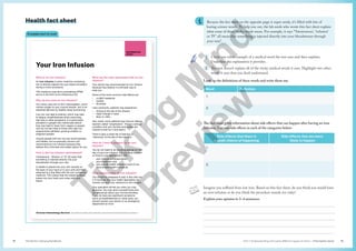 Unit 1 Understanding and using different types of texts | Information texts
The Senior Literacy Handbook 19
18
Because the fact sheet on the opposite page is super nerdy, it’s filled with lots of
boring science words. To help you out, the lab nerds who wrote this fact sheet explain
what some of these tricky words mean. For example, it says “‘Intravenous’, ‘infusion’
or ‘IV’ all mean that something is injected directly into your bloodstream through
your vein”.
1 Circle one other example of a medical word the text uses and then explains.
Underline the explanation it provides.
2 The text doesn’t explain all of the tricky medical words it uses. Highlight two other
words it uses that you don’t understand.
Look up the definitions of these words and write them out.
Word Definition
1.
2.
The fact sheet gives information about side effects that can happen after having an iron
infusion. List two side effects in each of the categories below:
Side effects that there is
a small chance of happening
Side effects that are more
likely to happen
1.
2.
Imagine you suffered from low iron. Based on this fact sheet, do you think you would have
an iron infusion or do you think the procedure sounds too risky?
Explain your opinion in 3–4 sentences.





Health fact sheet
Example text to read
What is an iron infusion?
An iron infusion is when medicine containing
iron is directly placed into your blood circulation
during a minor procedure.
This medicine uses ferric polymaltose (FPM)
and is in the form of an intravenous (IV).
Why do you need an iron infusion?
Your body uses iron to form haemoglobin, which
carries oxygen to your muscle tissues. Iron is an
essential element for healthy body functioning.
Low iron can lead to anemia, which may lead
to fatigue, breathlessness when exercising,
hair loss or other symptoms. It is particularly
prevalent in people who menstruate (blood
loss may lead to lower iron); vegans or people
who do not eat meat or those with high iron
requirements (athletes, growing children or
pregnant people).
Usually people with low iron are recommended
oral tablets, but occasionally doctors will
recommend an iron infusion because they
believe this is the best and safest option for you.
How is the iron infusion administered?
‘Intravenous’, ‘infusion’ or ‘IV’ all mean that
something is injected directly into your
bloodstream through your vein.
A needle is placed into your vein (usually on
the back of your hand or in your arm) and then
attached to a drip filled with the iron-containing
medicine. This means that the medicine slowly
enters into your body and mixes with your
blood.
What are the risks associated with an iron
infusion?
Your doctor has recommended an iron infusion
because they believe it is the best way to
treat you.
Some of the more common side effects are:
• a slight headache
• nausea
• dizziness
Less commonly, patients may experience:
• itching at the site of the infusion
• slight change in taste
• fever or chills.
Very rarely, some patients may have an allergic
reaction called “anaphylaxis”. This is a serious
condition and your doctors and nurses are
trained to look for it and treat it.
There is also a small risk of staining or
“tattooing” at the site of the injection.
How do I need to prepare for an iron
infusion?
You do not need to do anything special on the
day of your iron infusion, but you must present
on time to your appointment with:
• your referral and prescription
• your Medicare card
• your private health insurance card (if you
have private health insurance).
What happens after an iron infusion?
You should be prepared to stay in the clinic for
2-3 hours so that your health specialists can
monitor you and your reactions to the infusion.
Your specialist will tell you when you may
go home. You may drive yourself home and
you should go about your normal activities.
If you do have any significant symptoms
(such as breathlessness or chest pain), you
should contact your doctor or an emergency
department at once.
INFORMATION
SHEET
Your Iron Infusion
Victorian Haematology Services specialists providing safe, medically researched and friendly medical assistance
T
i
c
k
i
n
g
M
i
n
d
P
r
e
v
i
e
w
 