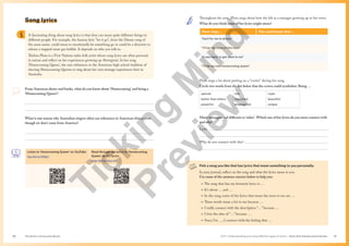 Unit 1 Understanding and using different types of texts | Texts that interest and entertain
The Senior Literacy Handbook 51
50
Song lyrics
From American shows and books, what do you know about ‘Homecoming’ and being a
‘Homecoming Queen’?


What is one reason why Australian singers often use references to American things even
though we don’t come from America?


A fascinating thing about song lyrics is that they can mean quite different things to
different people. For example, the famous lyric “let it go”, from the Disney song of
the same name, could mean to emotionally let something go or could be a directive to
release a trapped inner gas bubble. It depends on who you talk to.
Thelma Plum is a First Nations indie-folk artist whose song lyrics are often personal
in nature and reflect on her experiences growing up Aboriginal. In her song
‘Homecoming Queen’, she uses references to the American high school tradition of
electing Homecoming Queens to sing about her own teenage experiences here in
Australia.
Listen to ‘Homecoming Queen’ on YouTube
ttp://bit.ly/3I6IjtJ
Read through the lyrics to ‘Homecoming
Queen’ on AZ Lyrics
http://bit.ly/3lJurxQ
Throughout the song, Plum sings about how she felt as a teenager growing up in her town.
What do you think some of her lyrics might mean?
Plum sings … This could mean that …
“hard for me to dream”
“I’ll be the voice of this town”
“it was hard, to get used to me”
“I’ll be my own homecoming queen”
Plum sings a lot about putting on a “crown” during her song.
Circle two words from the list below that the crown could symbolise: Being …
special
better than others
powerful
rich
important
empowered
royal
beautiful
unique
Many teenagers feel different or ‘other’. Which one of her lyrics do you most connect with
and why?
Lyric: 

Why do you connect with this? 

Pick a song you like that has lyrics that mean something to you personally.
In your journal, reflect on the song and what the lyrics mean to you.
Use some of the sentence starters below to help you:
→ The song that has my favourite lyrics is …
→ It’s about … and …
→ In the song, some of the lyrics that mean the most to me are …
→ These words mean a lot to me because …
→ I really connect with the description “…” because …
→ I love the idea of “…” because …
→ Since I’m …, I connect with the feeling that …
T
i
c
k
i
n
g
M
i
n
d
P
r
e
v
i
e
w
 