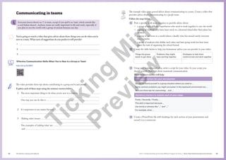 The Senior Literacy Handbook 69
68 Unit 1 Understanding and using different types of texts | Texts that Communicate and connect
Communicating in teams
The video provides three tips about contributing to a group you’ve just joined.
Explain each of these steps using the sentence starters below:
1 The most important thing to do when you’re new to a team is .

One way you can do this is 

2 It’s important to use names because 

3 ‘Adding value’ means 

Two examples of ‘adding value’ are 
and 
Everyone knows there’s no ‘I’ in team, except if you spell it as ‘tiam’, which sounds like
a cool Italian dessert. Anyhow, teams are really important to life and work, especially if
you plan to run the world with a group of mutant humans one day.
You’re going to watch a video that gives advice about three things you can do when you’re
new to a team. What sorts of suggestions do you predict it will provide?
1.
2.
3.
‘Effective Communication Skills When You’re New to a Group or Team’
http://bit.ly/3JrfM47
The example video gives general advice about communicating in a team. Create a video that
provides advice about communicating in a specific team.
Follow the steps below.
1 Pick a specific work team situation to provide advice about:
• a group of very different superheroes who need to work together to save the world
• a group of students who have been stuck on a deserted island after their plane has
crashed
• a group of survivors in a world where a deadly virus has turned nearly everyone
into a zombie
• a group of students who dislike each other and hate group work but have been
given the task of organising the school formal.
2 Create the table below to help you brainstorm advice you can provide in your video:
Things the group
needs to get done
Problems they might
have working together
Strategies to help them
communicate and work together
3 Using your brainstormed ideas, write a script for your video. In your script, you
should provide three tips about teamwork communication.
These sentence starters will help:
Sentence starters for your introduction
So, you’ve found yourself in a group situation where you need to …
Some common problems you might encounter in this teamwork environment are …
Here are three tips for overcoming … and …
Sentence starters to explain each of your steps
Firstly / Secondly / Finally …
This skill is important because …
Use words or phrases like “…” and “…”
For example, when …
4 Create a PowerPoint file with headings for each section of your presentation and
record it as a screencast.
T
i
c
k
i
n
g
M
i
n
d
P
r
e
v
i
e
w
 