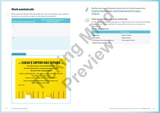 Unit 1 Understanding and using different types of texts | Information texts
The Senior Literacy Handbook 15
14
Create your own ad for a service you could provide.
Use the example ad on the previous page as a model, but do at least one new and individual
thing in your ad. Your ad could be for a serious skill or service you can provide, or a
humorous one.
Here are some suggestions.
Serious Humorous
Babysitting
Dog walking
Pet feeding while people are away
Garden/House maintenance
Dragon-slaying
Magic healing
Predicting the future
Sarah has used a range of informative features in her ad. Circle and annotate three.
Use the list of features on page…and the example annotated text on page…
to help you.
🚲Sarah’s Superb Bike Repairs 🚲
Got a flat tyre you can’t be bothered fixing?
Do your brakes make an annoying squeaking sound?
Having trouble changing gears?
Sarah is a bike-fixing whiz – she can fix your bike and make it like new!
One happy customer has said,
“Sarah is a real pro. I’d get her to fix my bike again”.*
Sarah charges $20 for small fixes and $40 for larger ones.
Call or text on: 0428 446 819
*Sarah’s mum
0428
446
819
0428
446
819
0428
446
819
0428
446
819
0428
446
819
0428
446
819
0428
446
819
0428
446
819
Example text to read
Work wanted ads
Work wanted ads advertise skills that people have. If you were placing a work wanted ad
somewhere in your local area, where are a few places you would put it:
Where would you put the ad?
Why would this be a good place
to advertise skills?
1.
2.
T
i
c
k
i
n
g
M
i
n
d
P
r
e
v
i
e
w
 