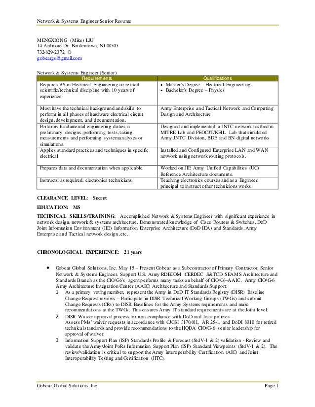 senior network amp systems engineer resume mike liu senior network engineer resumes