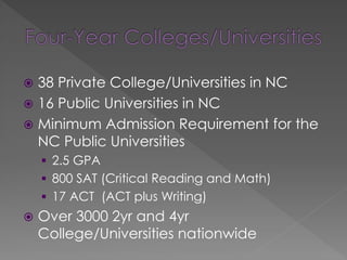  38 Private College/Universities in NC
 16 Public Universities in NC
 Minimum Admission Requirement for the
NC Public Universities
 2.5 GPA
 800 SAT (Critical Reading and Math)
 17 ACT (ACT plus Writing)
 Over 3000 2yr and 4yr
College/Universities nationwide
 