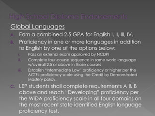 Global Languages
A. Earn a combined 2.5 GPA for English I, II, III, IV.
B. Proficiency in one or more languages in addition
to English by one of the options below:
i. Pass an external exam approved by NCDPI
ii. Complete four-course sequence in same world language
w/overall 2.5 or above in those courses
iii. Establish “Intermediate Low” proficiency or higher per the
ACTFL proficiency scale using the Credit by Demonstrated
Mastery policy.
C. LEP students shall complete requirements A & B
above and reach “Developing” proficiency per
the WIDA proficiency scale in all four domains on
the most recent state identified English language
proficiency test.
 