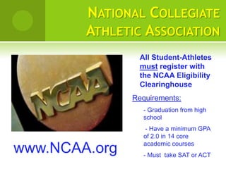 NATIONAL COLLEGIATE
        ATHLETIC ASSOCIATION
                 All Student-Athletes
                 must register with
                 the NCAA Eligibility
                 Clearinghouse
               Requirements:
                  - Graduation from high
                  school
                  - Have a minimum GPA
                  of 2.0 in 14 core
                  academic courses
www.NCAA.org      - Must take SAT or ACT
 