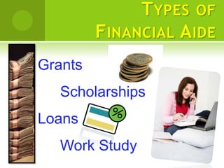 T YPES OF
         F INANCIAL A IDE
Grants
   Scholarships
Loans
   Work Study
 