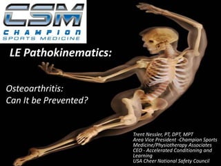 LE Pathokinematics: Osteoarthritis:   Can It be Prevented?  Trent Nessler, PT, DPT, MPT Area Vice President -Champion Sports Medicine/Physiotherapy Associates CEO - Accelerated Conditioning and Learning USA Cheer National Safety Council 