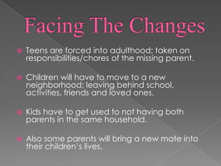 Facing The ChangesTeens are forced into adulthood; taken on responsibilities/chores of the missing parent.Children will have to move to a new neighborhood; leaving behind school, activities, friends and loved ones.Kids have to get used to not having both parents in the same household.Also some parents will bring a new mate into their children’s lives.