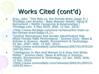 Works Cited (cont’d) Gray, John. "The Male vs. the Female Brain (page 2) | ThirdAge.com Articles."  Baby Boomer Health, Aging & Retirement | Midlife Caregiving & Relationships | ThirdAge.com . 4 May 2010. Web. 12 Dec. 2010.  <http://www.thirdage.com/love-romance/the-male-vs-the-female-brain?page=0,1>. "Implicit Stereotypes And Gender Identification May Affect Female Math Performance."  Science Daily: News & Articles in Science, Health, Environment & Technology . 24 Jan. 2007. Web. 12 Dec. 2010. <http://www.sciencedaily.com/releases/2007/01/070124104155.htm>. "Intelligence In Men And Women Is A Gray And White Matter."  Science Daily: News & Articles in Science, Health, Environment & Technology . 22 Jan. 2005. Web. 12 Dec. 2010. <http://www.sciencedaily.com/releases/2005/01/050121100142.htm>. 