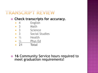    Check transcripts for accuracy.
       4    English
       3    Math
       3    Science
       3    Social Studies
       ½    Health
       ½    Phys Ed
       21   Total


   16 Community Service hours required to
    meet graduation requirements!
 