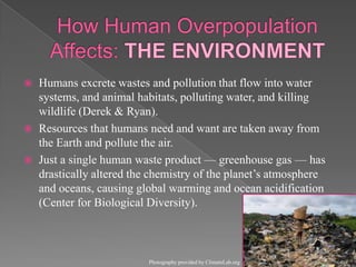 How Human Overpopulation Affects: THE ENVIRONMENTHumans excrete wastes and pollution that flow into water systems, and animal habitats, polluting water, and killing wildlife (Derek & Ryan).Resources that humans need and want are taken away from the Earth and pollute the air. Just a single human waste product — greenhouse gas — has drastically altered the chemistry of the planet’s atmosphere and oceans, causing global warming and ocean acidification (Center for Biological Diversity).Photography provided by ClimateLab.org