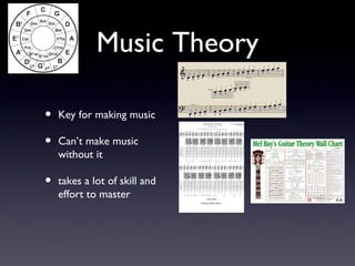 Music Theory

•   Key for making music

•   Can’t make music
    without it

•   takes a lot of skill and
    effort to master
 