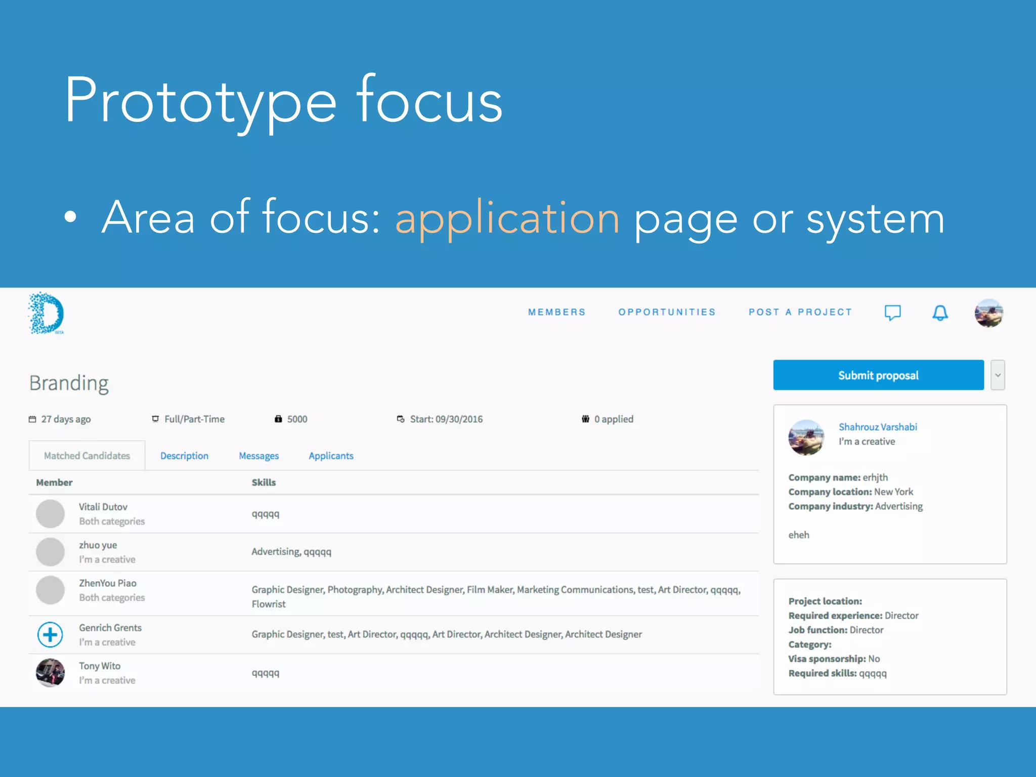 Prototype focus	
•  Area of focus: application page or system
 