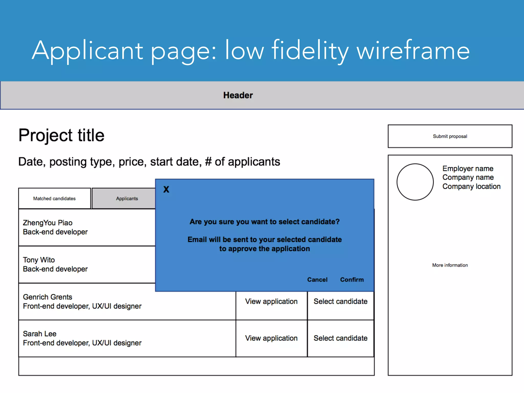 Applicant page: low fidelity wireframe	
 
