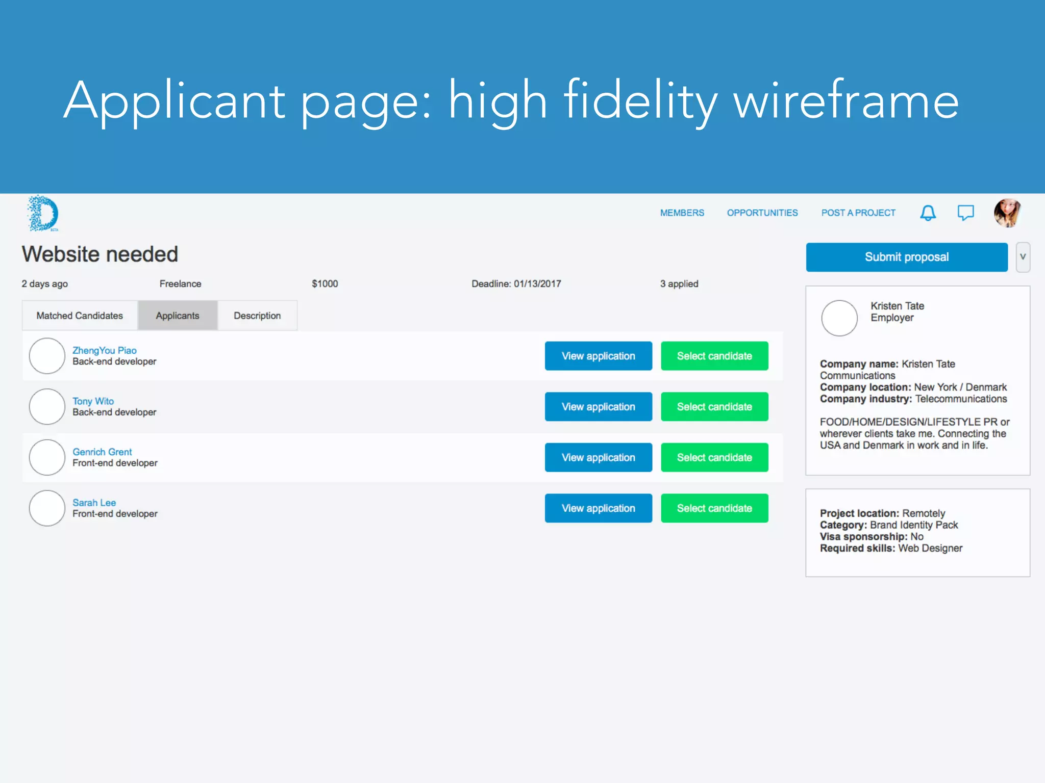 Applicant page: high fidelity wireframe	
 