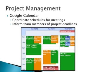 Google CalendarCoordinate schedules for meetingsInform team members of project deadlinesProject Management
