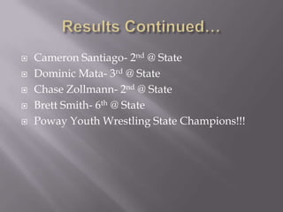 Results Continued…Cameron Santiago- 2nd @ StateDominic Mata- 3rd @ StateChase Zollmann- 2nd @ StateBrett Smith- 6th @ StatePoway Youth Wrestling State Champions!!!