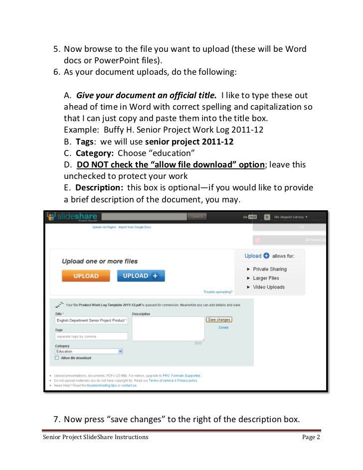 Senior project portfolio instructions for slide share