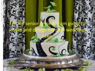 For my senior project, I am going to
  make and design my own wedding
                 cake.



http://www.flickr.com/photos/sh
opgirl78/3484440201/sizes/m/in/
                                  Barbara Norton
photostream/
                                   Ms. Bennett
 