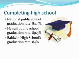 Completing high school
 National public school
  graduation rate: 84.5%.
 Hawaii public school
  graduation rate: 89.5%
 Baldwin High School’s
  graduation rate: 84%
 